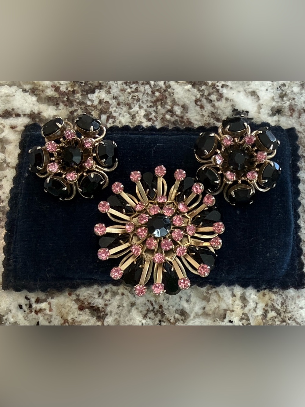 Vintage Black & Pink Crystal Floral Brooch & earring set - Women Jewelry